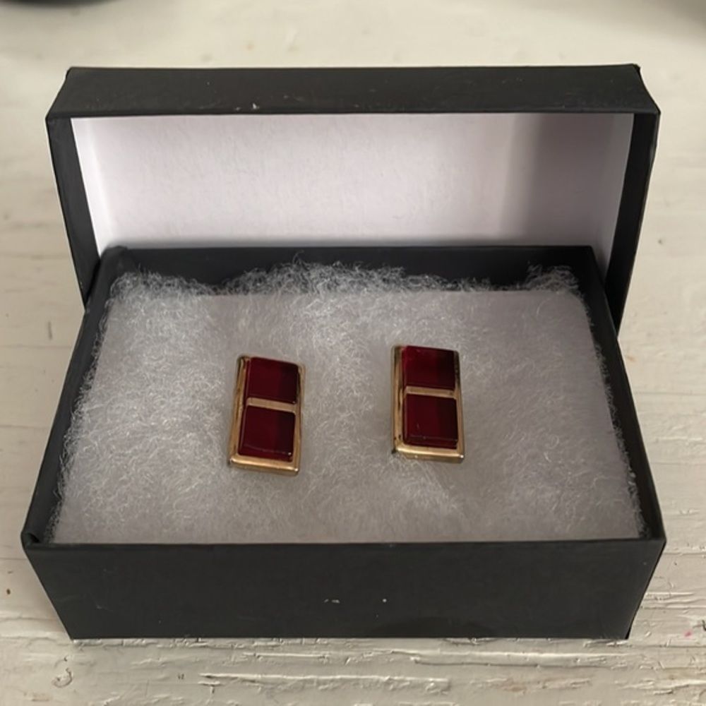Vintage-1950s-signed Hickok double red‎ & gold bullet back cuff links w/gift box